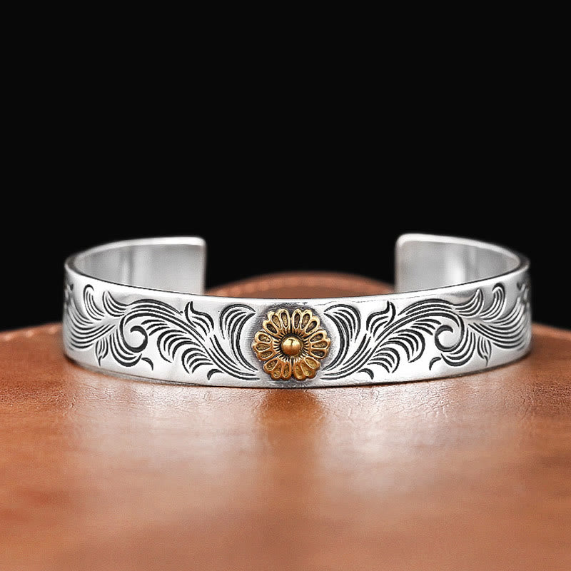 Brazalete de cobre tallado con plumas de la suerte, diseño de flores de la dinastía Tang, Buddha Stones