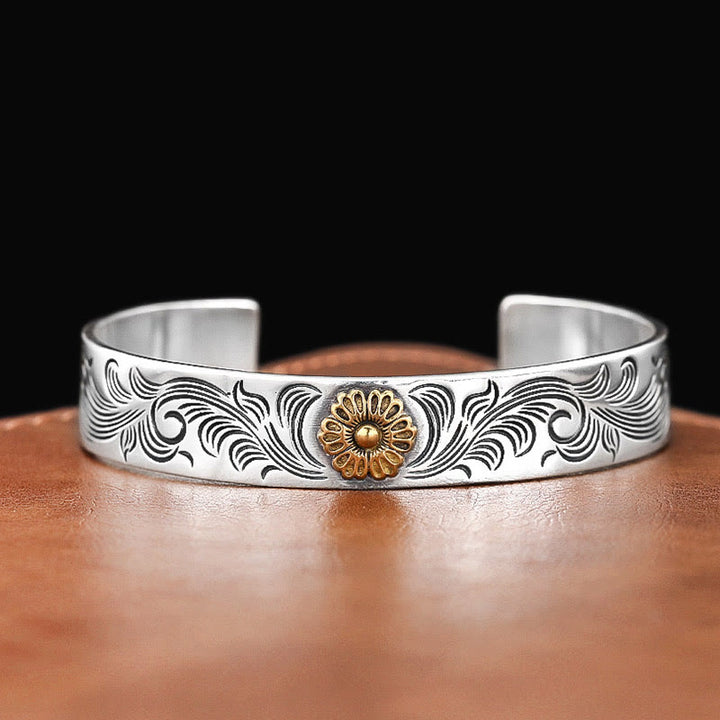 Brazalete de cobre tallado con plumas de la suerte, diseño de flores de la dinastía Tang, Buddha Stones