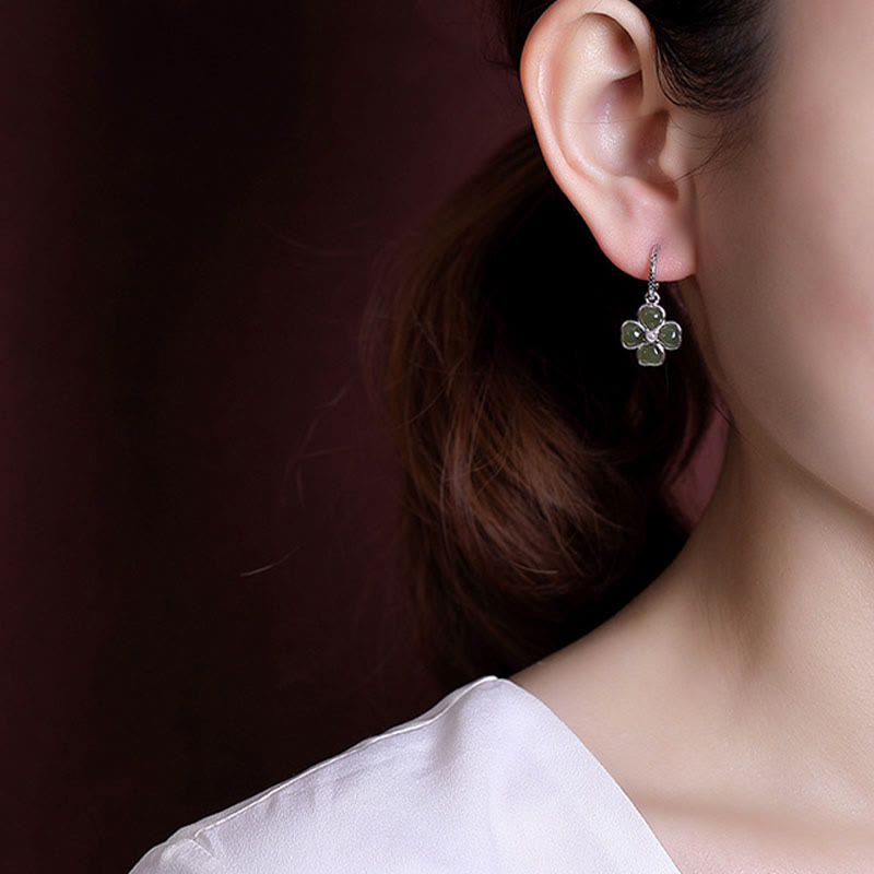 Pendientes de plata de ley 925 con Buddha Stones , jade cian natural, trébol de cuatro hojas, suerte y éxito