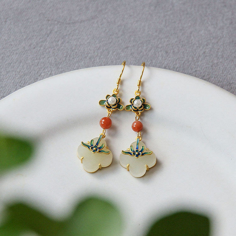 Pendientes de cobre con abundancia de jade, trébol de cuatro hojas de la suerte, Buddha Stones
