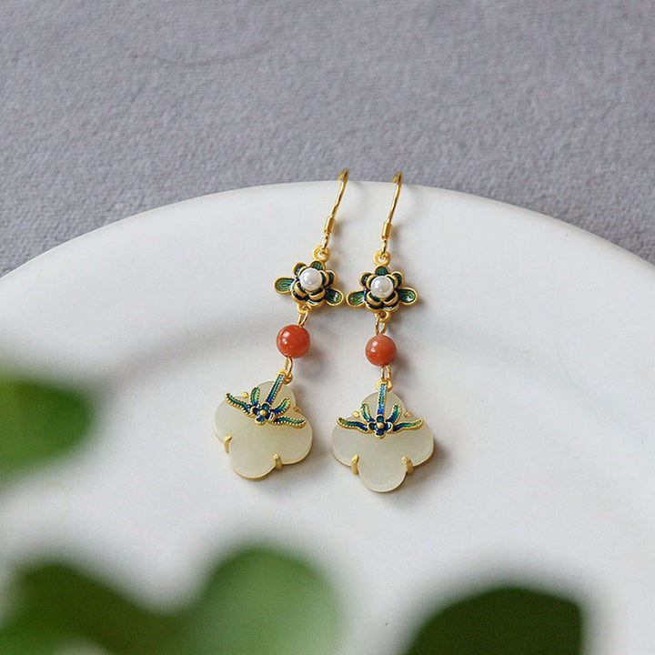 Pendientes de cobre con abundancia de jade, trébol de cuatro hojas de la suerte, Buddha Stones