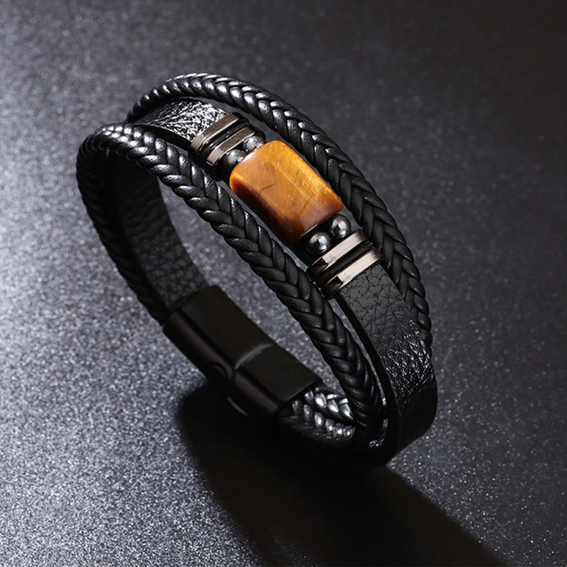 Pulsera de cuero multicapa con hebilla magnética y ojo de tigre con Buddha Stones