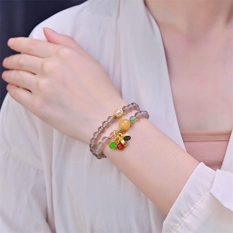 Pulsera de doble vuelta con dije de paz y alegría de ágata gris natural con Buddha Stones