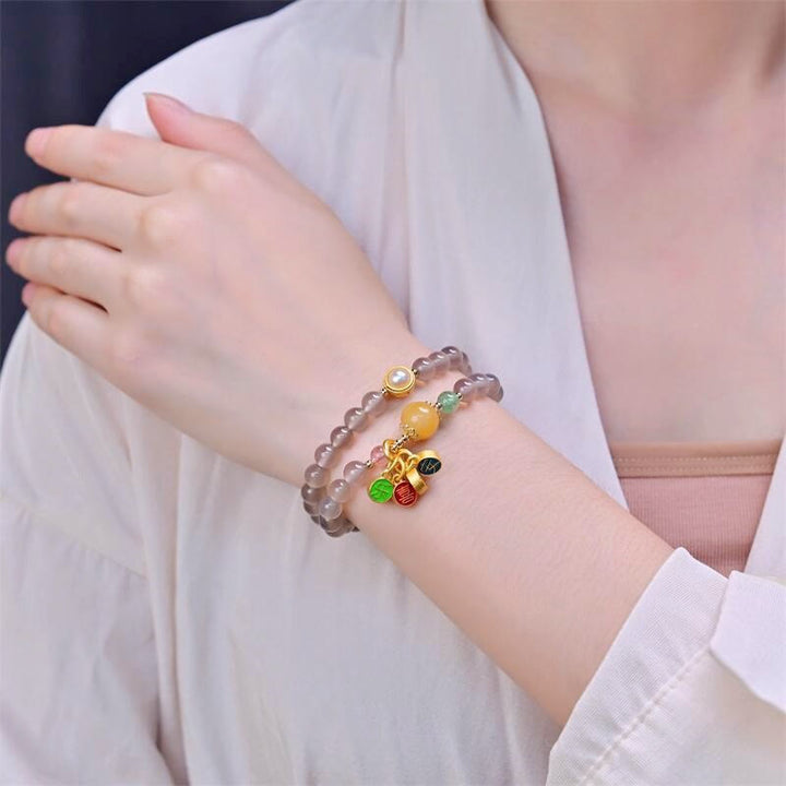 Pulsera de doble vuelta con dije de paz y alegría de ágata gris natural con Buddha Stones
