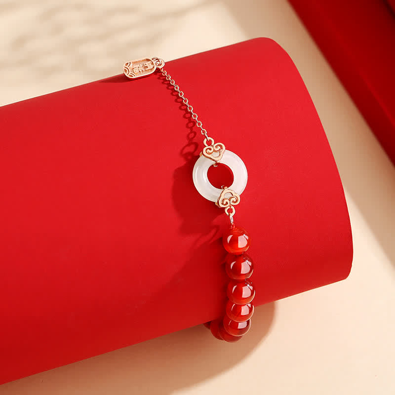 Pulsera de confianza con hebilla de paz de jade blanco de ágata roja natural de plata de ley 925