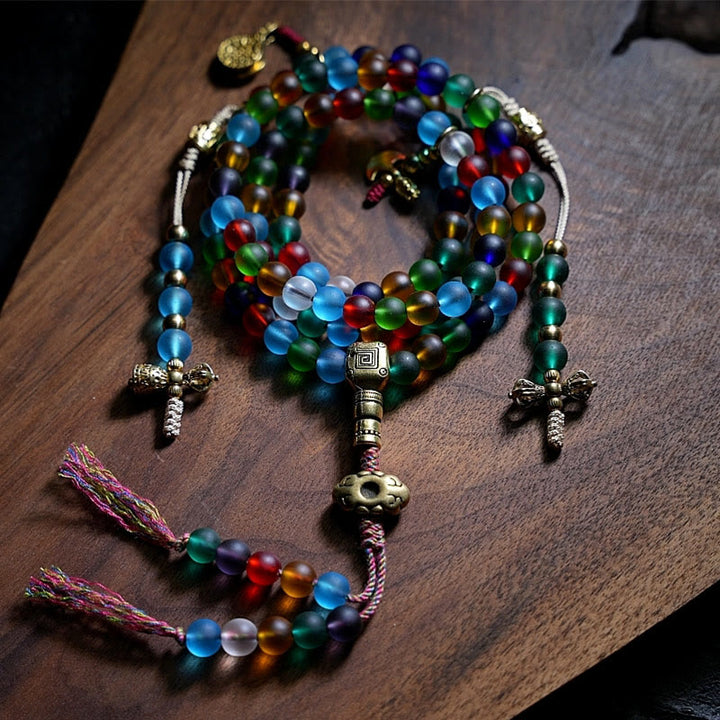 Buddha Stones tibetanas 108 cuentas de Mala multicolor Liuli cuentas de vidrio zodíaco chino nueve palacios ocho diagramas pulsera con dijes