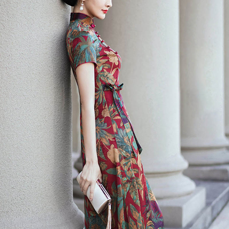 Vestido Qipao de seda con Buddha Stones, vestido Cheongsam con patrón de hojas y flores Retro para mujer