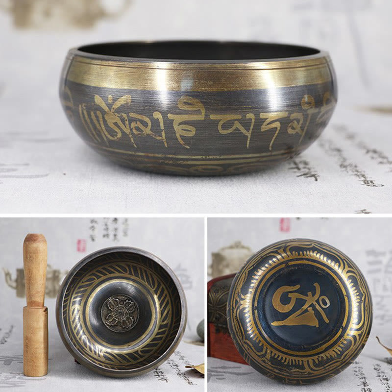 Cuenco de meditación tibetano con Buddha Stones para curación y atención plena, cuenco tibetano Om Mani Padme Hum