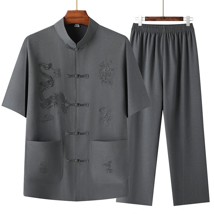 Traje Tang de Buddha Stones Hanfu dragón chino uniforme de kungfú tradicional camisetas y pantalones de manga corta conjunto de ropa para hombre