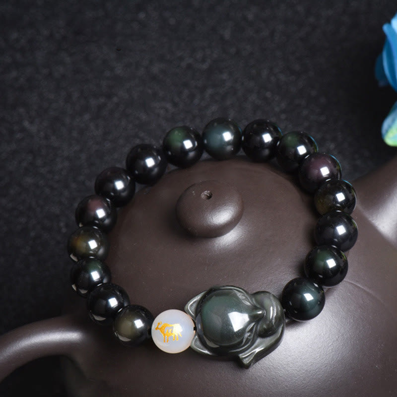 Buddha Stones Natural Arco Iris Obsidiana Oro Brillo Obsidiana Plata Brillo Obsidiana Zorro Curación Pulsera