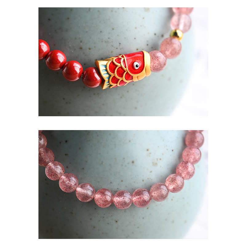 Pulsera curativa de peces Koi de la suerte, cinabrio, cuarzo fresa Natural, Buddha Stones