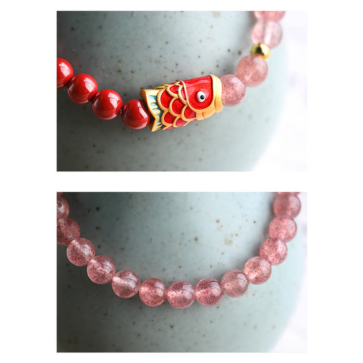 Pulsera curativa de peces Koi de la suerte, cinabrio, cuarzo fresa Natural, Buddha Stones