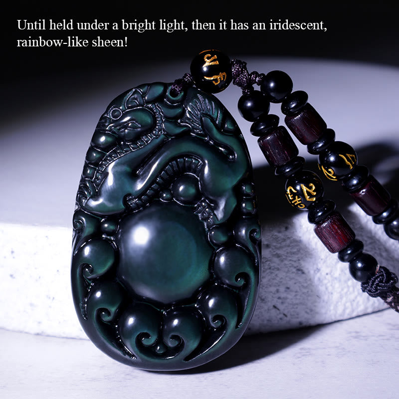 Collar PiXiu de obsidiana arcoíris positiva tibetana con Buddha Stones