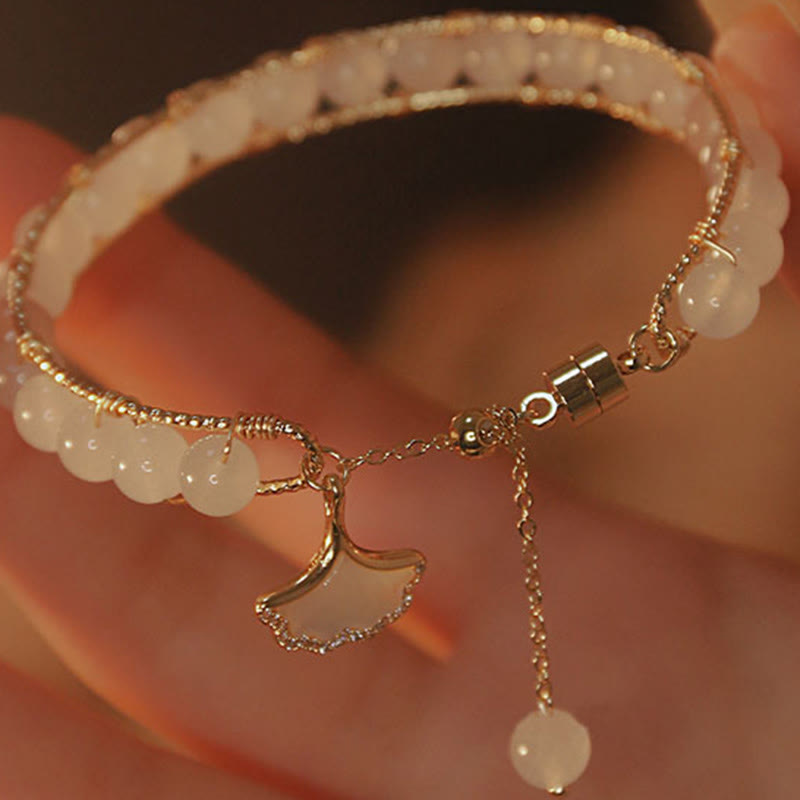 Pulsera de la suerte con cuentas de jade y hojas de ginkgo de Buddha Stones