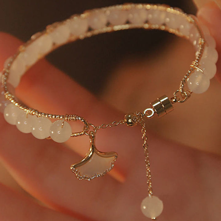 Pulsera de la suerte con cuentas de jade y hojas de ginkgo de Buddha Stones