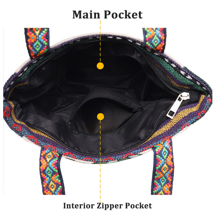Bolso bandolera de lona de gran capacidad con bordado de mariposa y elefante