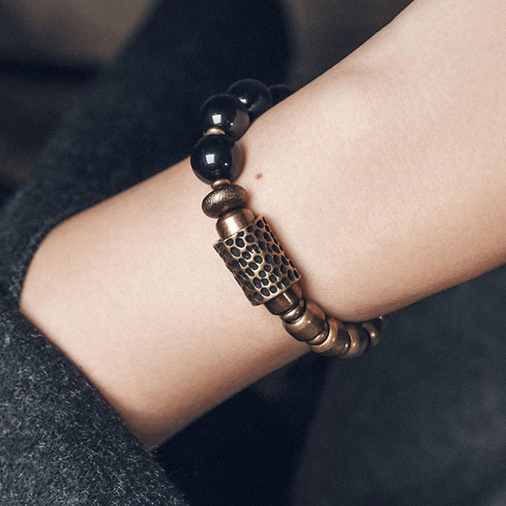 Buddha Stones, piedra de roca de Lava, obsidiana arcoíris, soporte de cobre, pulsera curativa