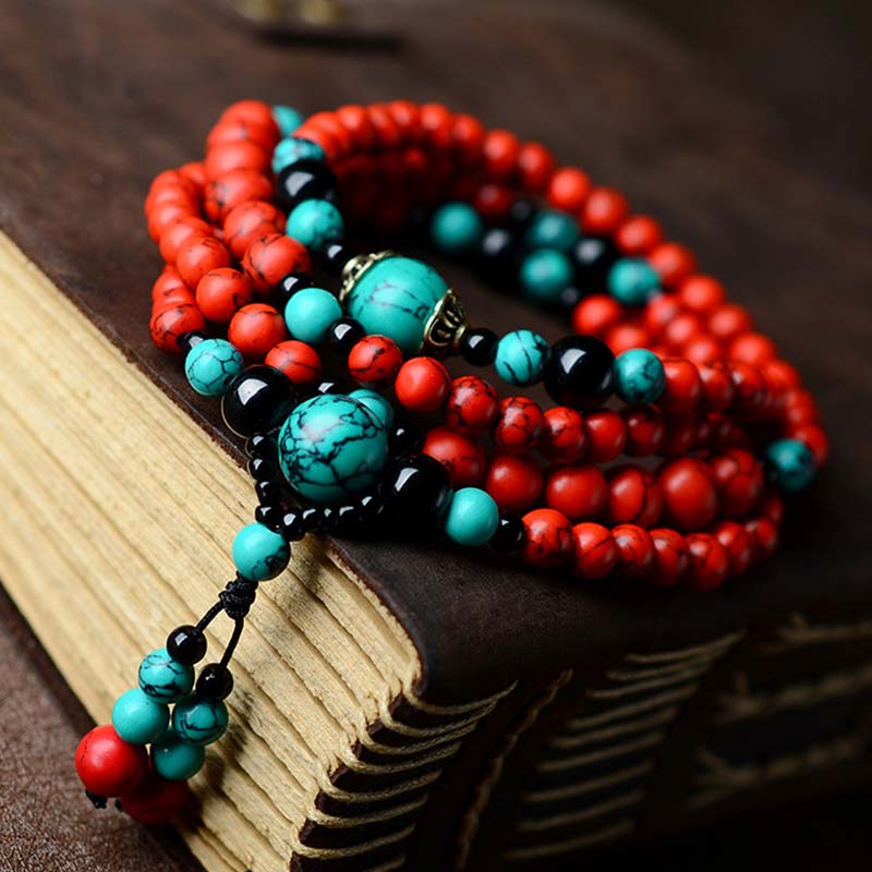 Pulsera de Protección de Cuentas de Turquesa Roja Ónix Negro Turquesa Buddha Stones