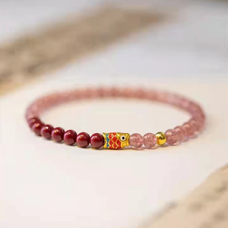 Pulsera curativa de peces Koi de la suerte, cinabrio, cuarzo fresa Natural, Buddha Stones