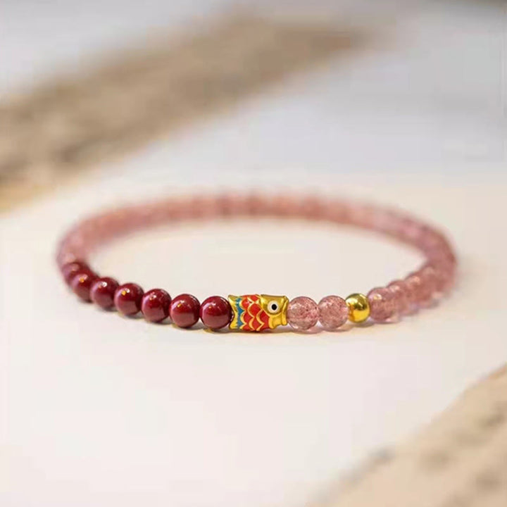 Pulsera curativa de peces Koi de la suerte, cinabrio, cuarzo fresa Natural, Buddha Stones