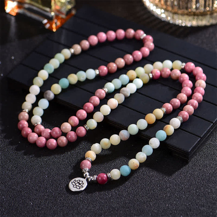 Buddha Stones Lazurita Jaspe Picasso Amazonita Rodonita Apatita Pulsera de cuentas de oración de loto positivo