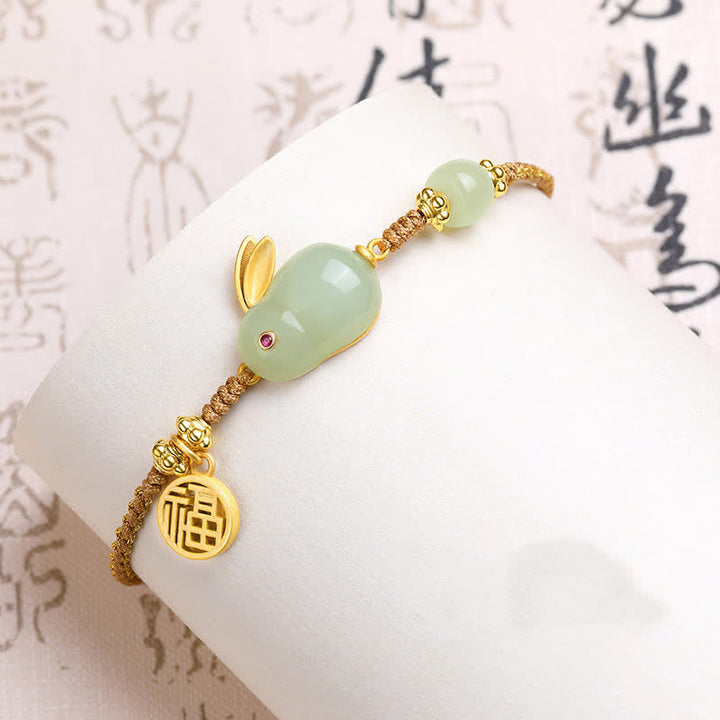 Buddha Stones Año del Conejo Hetian Jade Felicidad Bendición Riqueza Pulsera de Hilo