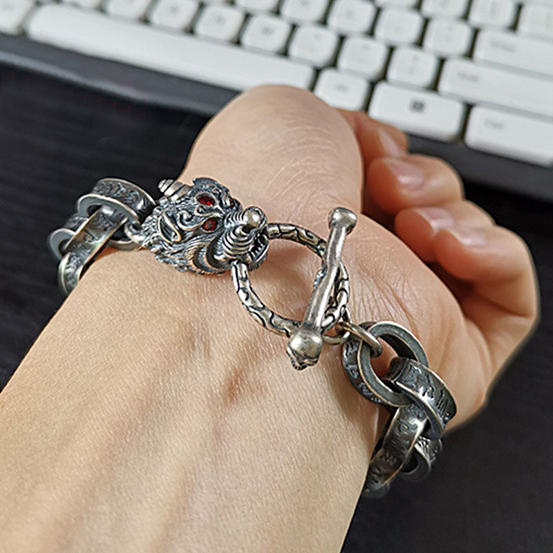 Brazalete de plata de ley 925 con diseño de dragón Kirin Om Mani Padme Hum y fuerza de éxito