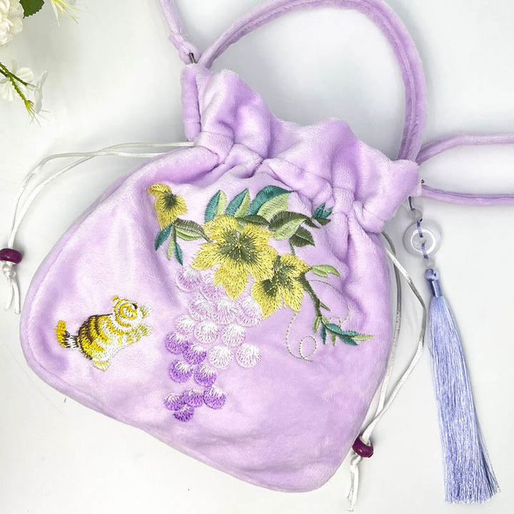 Buddha Stones bordado Osmanthus peonía uva gato algodón lino bolso bandolera bolso de hombro bolso