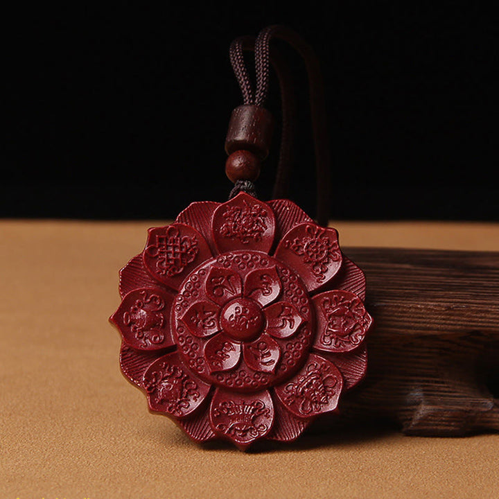 Buddha Stones Natural cinabrio Lotus Om Mani Padme Hum bendición collar cadena colgante