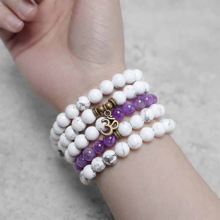 108 cuentas Mala amatista turquesa blanca OM pulsera de energía de meditación curativa