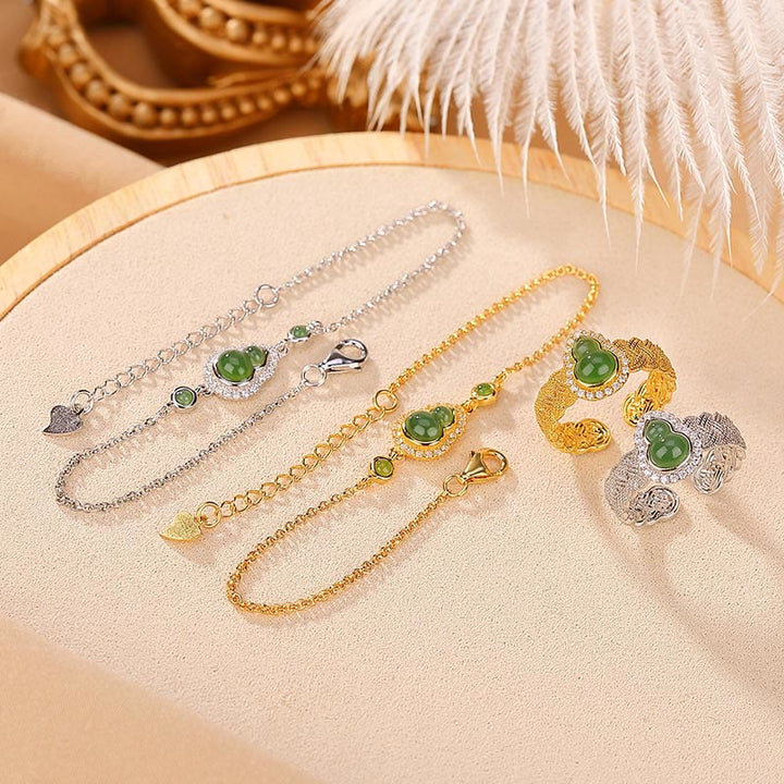 Juego de anillos y pulsera de la suerte con forma de calabaza de jade cian hetiano natural chapado en plata de ley 925 con Buddha Stones