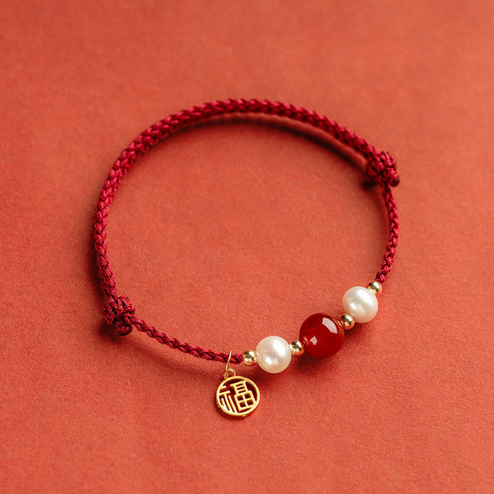 Pulsera trenzada de hilo rojo con perlas de ágata y personaje de buena fortuna, Plata de Ley 925 con Buddha Stones