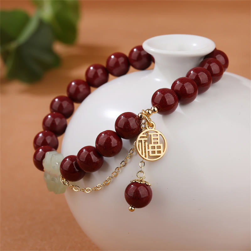 Pulsera de bendición con trébol de cuatro hojas de la suerte, Jade hetiano, cinabrio, Buddha Stones