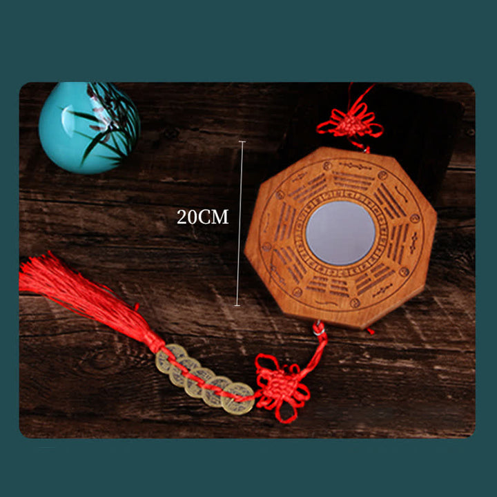 Feng Shui Bagua Mapa Madera de Durazno Monedas de Cinco Emperadores Equilibrio de Nudos Chinos Espejo de Mapa de Energía