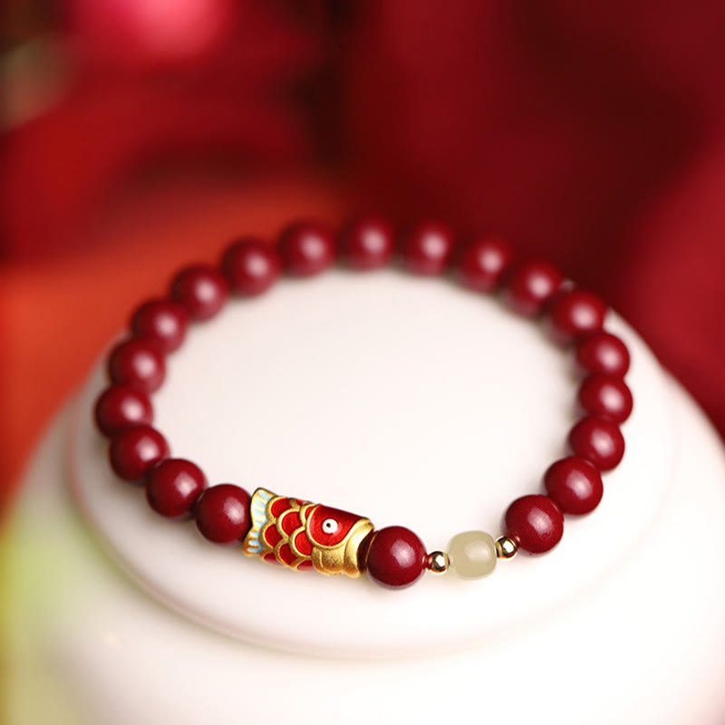 Pulsera de bendición con cuentas de jade hetiano, pez Koi de la suerte, cinabrio Natural , Buddha Stones
