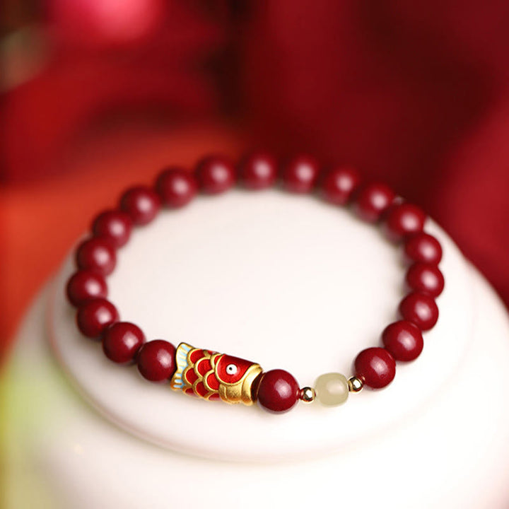Pulsera de bendición con cuentas de jade hetiano, pez Koi de la suerte, cinabrio Natural , Buddha Stones