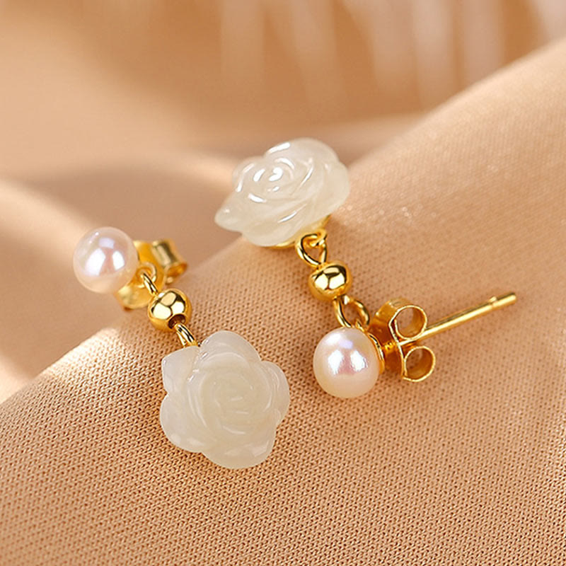 Pendientes de la suerte con perlas de jade cian y flor de rosa de jade chapado en plata de ley 925 con Buddha Stones