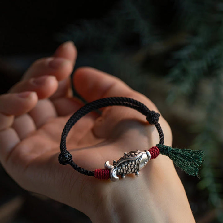 Pulsera trenzada de pez koi de la suerte de plata de ley 925 con Buddha Stones
