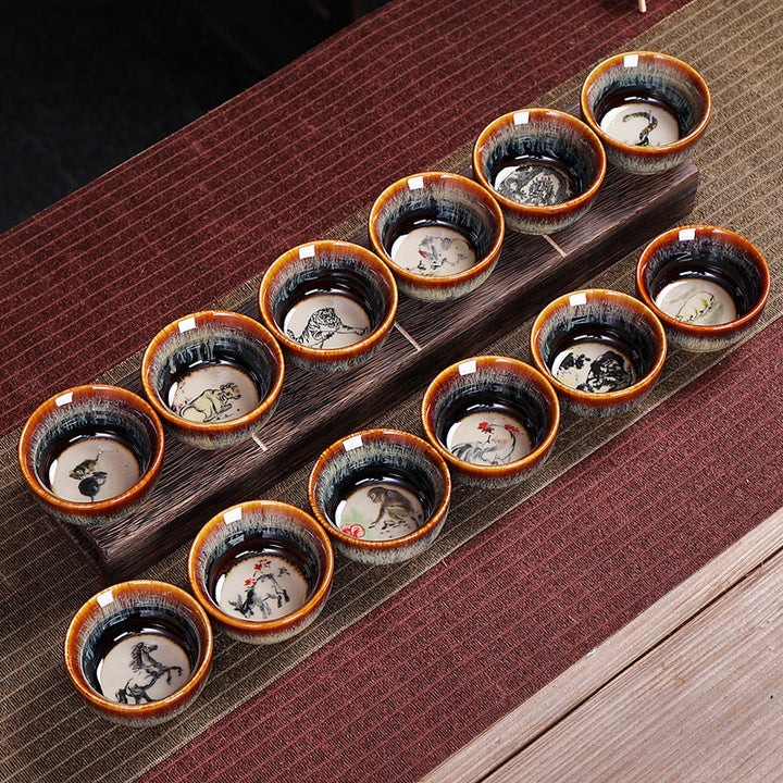 Taza de té de cerámica con diseño del zodíaco chino, 12 Buddha Stones, Kung Fu Jian, taza de té chino Zhan, 73ml