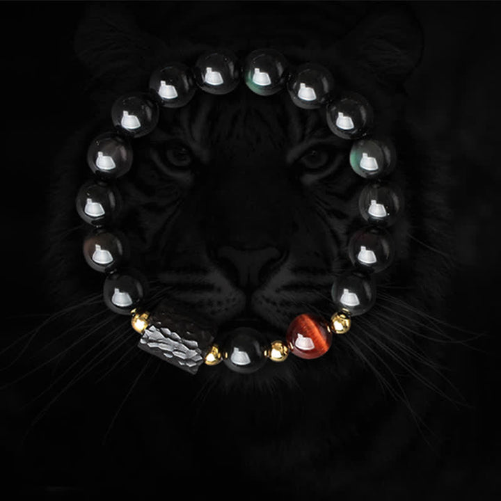 Pulsera de pareja de fuerza de ojo de tigre rojo de madera de ébano de obsidiana negra