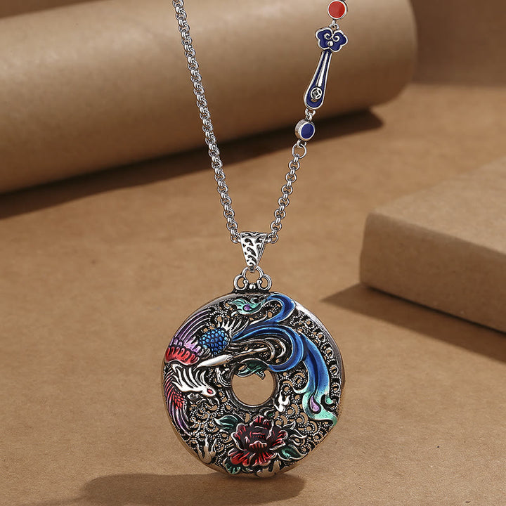 Colgante de collar de protección de la suerte con flor de peonía y fénix de Buddha Stones