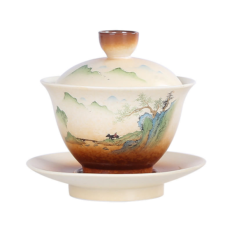 Taza de té y platillo con tapa, cerámica Gaiwan Sancai, paisaje de montaña, paisaje de montaña, Buddha Stones, Kung Fu - image 4