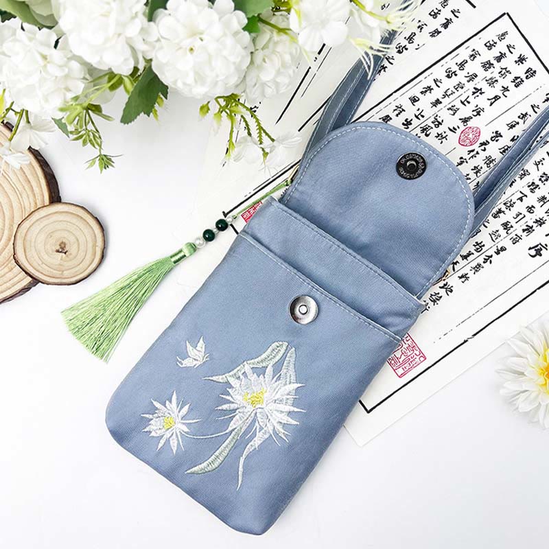 Bolso bandolera con flores bordadas pequeñas y Buddha Stones, bolso de hombro, bolso para móvil de doble capa