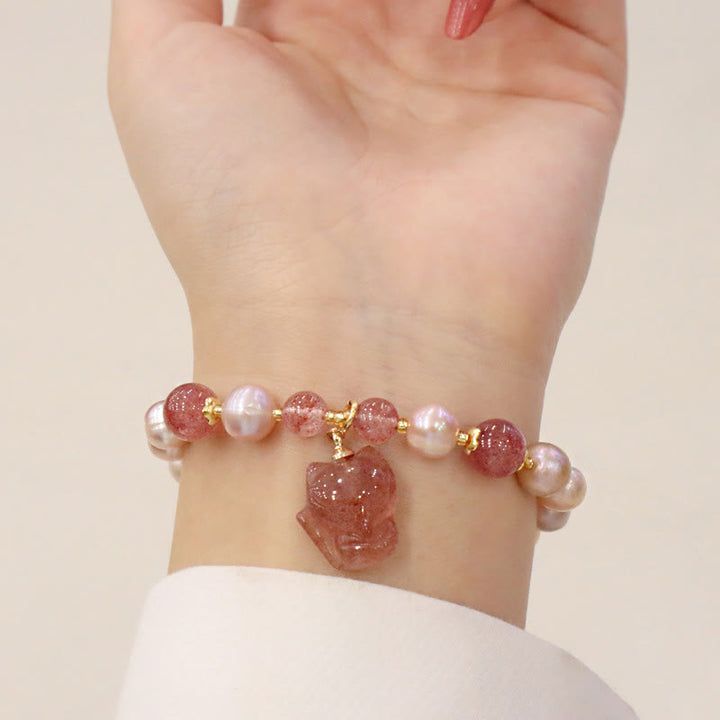 Pulsera con dije curativo de amor de zorro lindo de cuarzo fresa con Buddha Stones