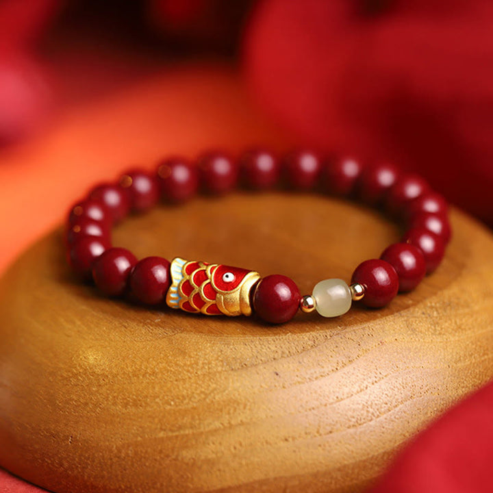 Pulsera de bendición con cuentas de jade hetiano, pez Koi de la suerte, cinabrio Natural , Buddha Stones