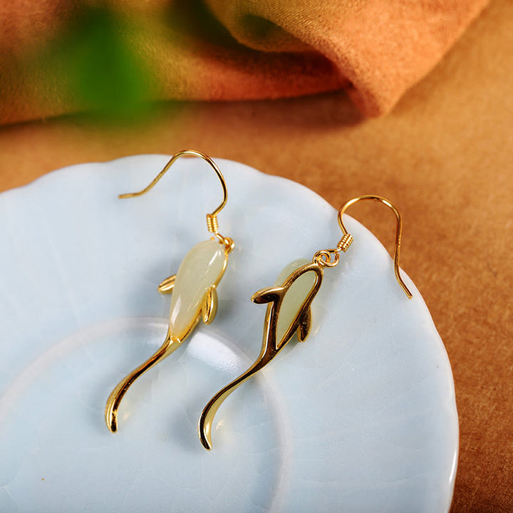 Pendientes colgantes con diseño de pez y suerte de jade