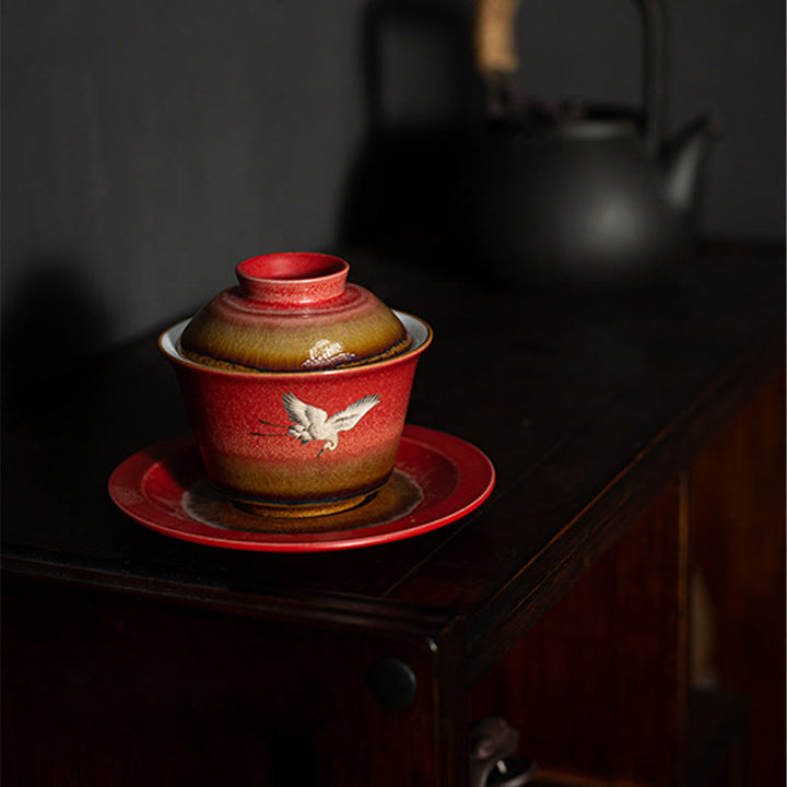 Taza de té y platillo con tapa, Gaiwan Sancai de cerámica con grulla roja, Buddha Stones, Kung Fu