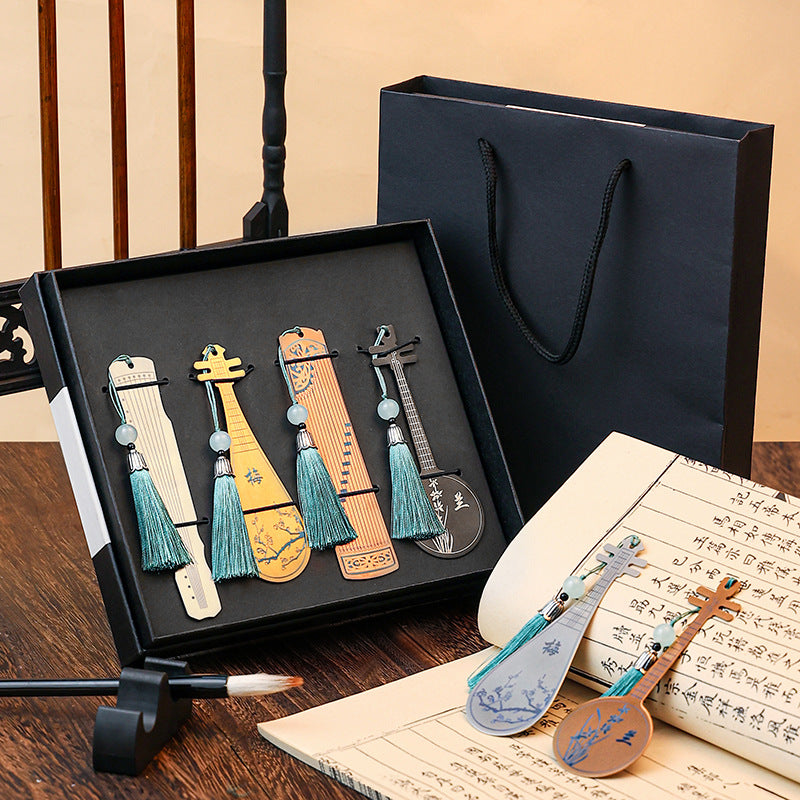 Buddha Stones instrumentos musicales clásicos Pipa Guzheng Guqin Ruan marcapáginas de Metal borla con caja de regalo