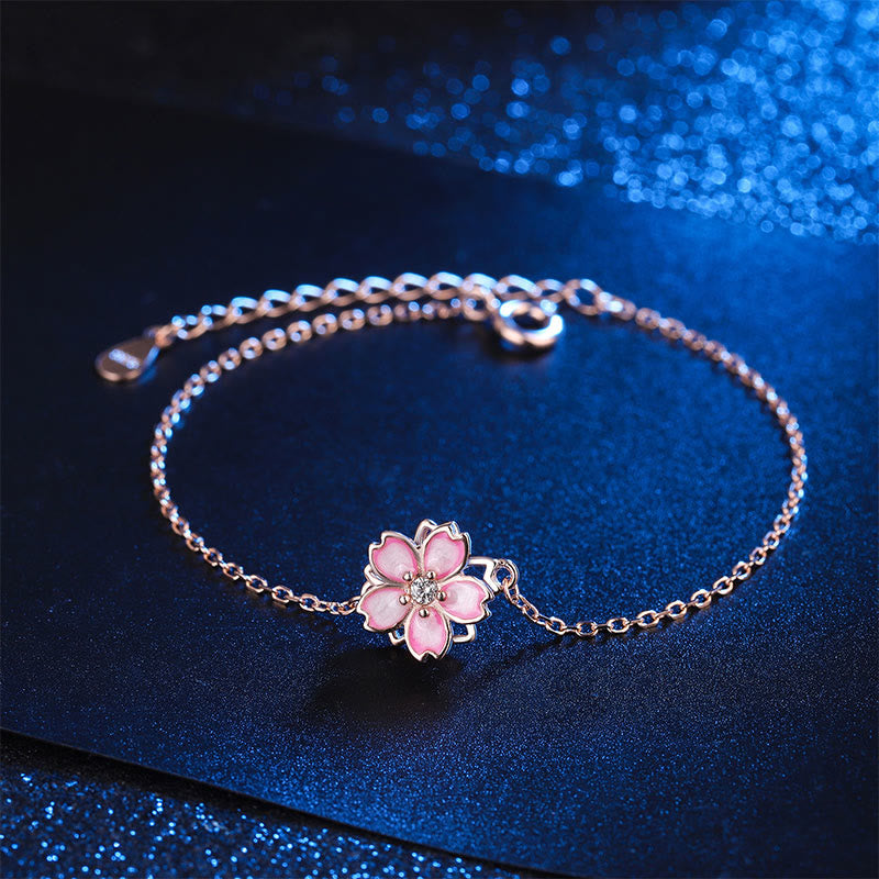 Pulsera con cadena de bendición de flor de cerezo de plata de ley 925 con Buddha Stones , anillo giratorio - Pulsera (circunferencia de muñeca 14-18 cm) - image 0