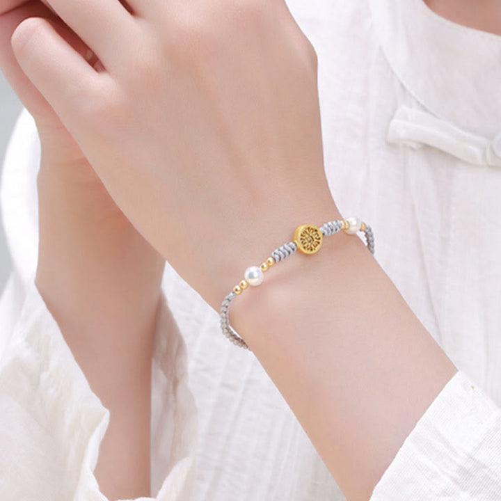 Pulsera trenzada de cuerda azul con Buddha Stones, moneda de cobre, árbol de la fortuna, perla, suerte